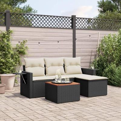 5-delige Loungeset met kussens poly rattan zwart