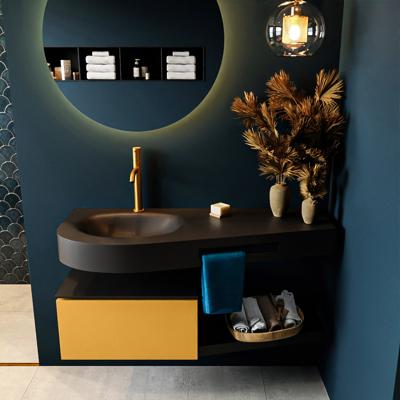 MONDIAZ RIVA 120cm badmeubel onderkast / planchet kleur Ocher met 1 lade. Wastafel DULCET links 1 kraangat kleur Urban.