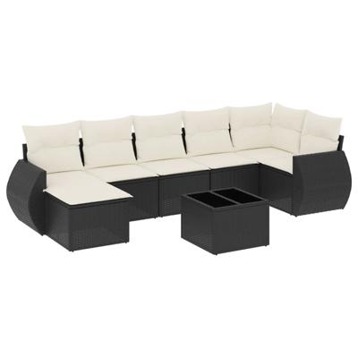 7-delige Loungeset met kussens poly rattan zwart