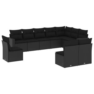 10-delige Loungeset met kussens poly rattan zwart - thumbnail