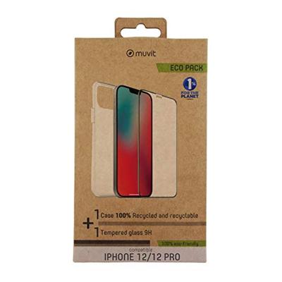 Muvit for Change Pack Apple iPhone 12/12 Pro beschermhoes van zacht glas + displaybescherming van gehard glas, plat frame, zwart