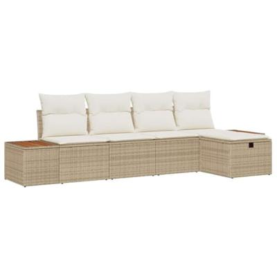 5-delig tuinbankstel met kussens in beige poly rattan