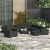 12-delige Loungeset met kussens poly rattan zwart - thumbnail