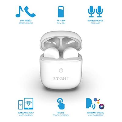 RYGHT WAYS2 In Ear headset Bluetooth Stereo Wit Indicator voor batterijstatus, Headset, Oplaadbox, Touchbesturing