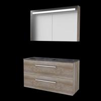 Basic-Line Premium 46 Badkamermeubelset - 120 x 46 cm - Met Grepen - 2 Lades - Hardstenen Wastafel - 2 Kraangaten - Spiegelkast met LED Verlichting - Scotch Oak - thumbnail