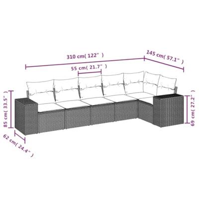 6-delige Loungeset met kussens poly rattan grijs
