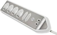 Estilo hoekaansluitdoosstrook met USB laadfunctie 6-weg 4x beschermende contactdozen & 2x Euro zilver/wit - thumbnail