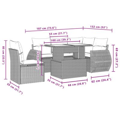 6-delige Loungeset met kussens poly rattan bruin - thumbnail