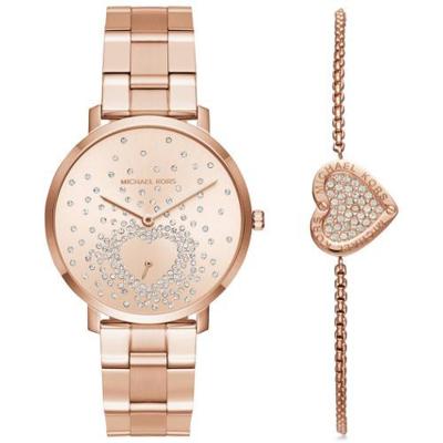 Michael Kors dameshorloge Jaryn Rosegoudkleurig horloge met twee wijzers en cadeauset met armband, MK3621