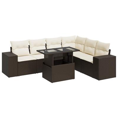 7-delige Loungeset met kussens poly rattan bruin
