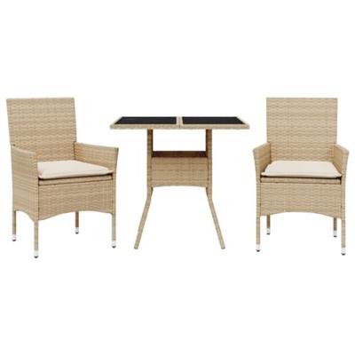 3-delige Tuinset met kussens poly rattan en glas beige