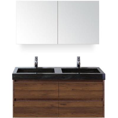 Dante Badmeubelset 120 cm - Walnoot - Wastafel Hardsteen Wit Lucca Dubbel met Spiegelkast
