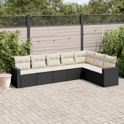 7-delige Loungeset met kussens poly rattan zwart - thumbnail