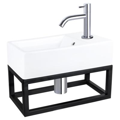 Differnz Force fonteinset - 40x22x11.5cm - Rechthoek - 1 kraangat - Gebogen chromen kraan - met zwart frame - Keramiek Wit 38.401.61