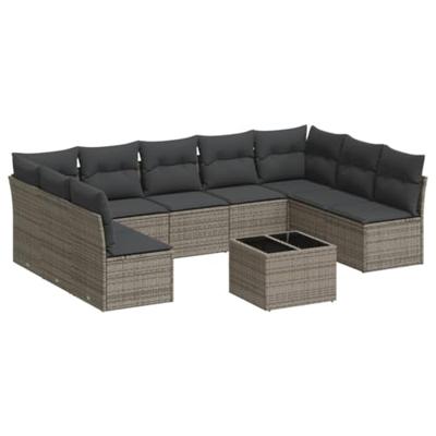 10-delige Loungeset met kussens poly rattan grijs