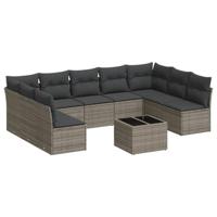 10-delige Loungeset met kussens poly rattan grijs - thumbnail