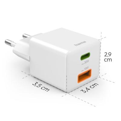 Hama USB-oplader 30.00 W 1x USB-A, 1x USB-C USB PD Wit Binnen USB Power Delivery (USB-PD)