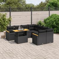9-delige Loungeset met kussens poly rattan zwart - thumbnail