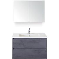 Porto Badmeubelset 90 cm - Beton Antraciet - Keramische Wastafel Wit Slim met Spiegelkast - thumbnail