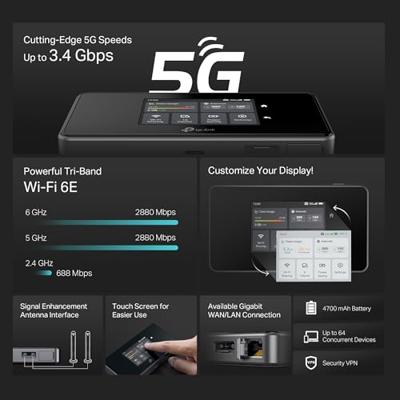 TP-Link M8550 5G LTE mobiele WLAN-router - tot 3,4 Gbit/s, Tri-Band Wi-Fi 6E, nano-simkaartsleuf, Gigabit WAN/LAN, 4680 mAh batterij, touchscreen, Wireguard, tot 32 apparaten