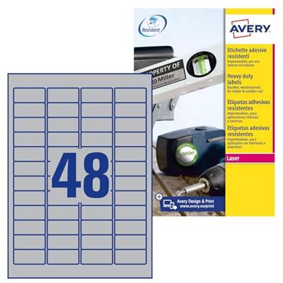 Avery ultra-sterke zilverkleurige etiketten ft 45,7 x 21,2 mm (b x h), 960 stuks, 48 per blad Avery ultra-sterke zilverkleurige etiketten ft 45,7 x 21,2 mm (b x h), 960 stuks, 48 per blad