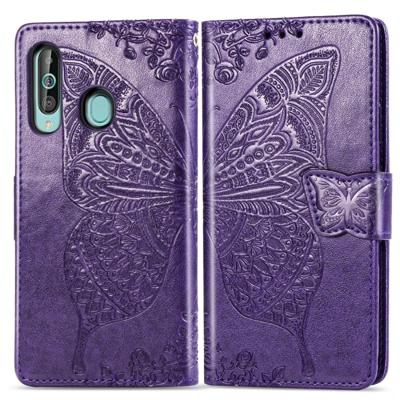 Butterfly Love bloemen reliëf horizontale Flip lederen case voor Galaxy A60 met houder & kaartsleuven & portemonnee & Lanyard (donker paars)