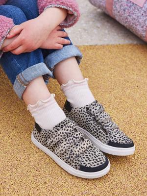 Fantasie meisjessneakers van leer met klittenband beige, bedrukt