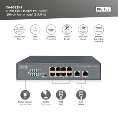 DIGITUS Fast Ethernet PoE+ netwerkswitch - 19 inch - 8 poorten + 2x uplink RJ45 - IEEE802.3af/at - 120W voeding - zwart