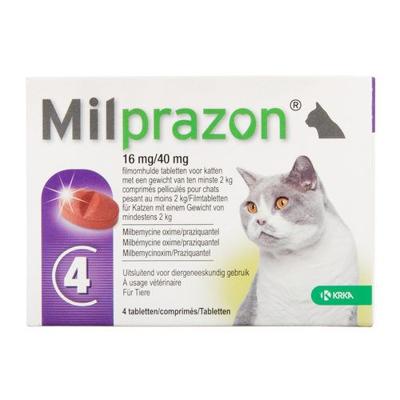 KRKA MILPRAZON ONTWORMINGSTABLETTEN KAT >2 KG 16 MG/40 MG 4 TBL