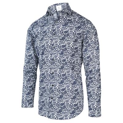 Blue Industry Heren Overhemd Wit Met Donkerblauwe Print Perfect Fit