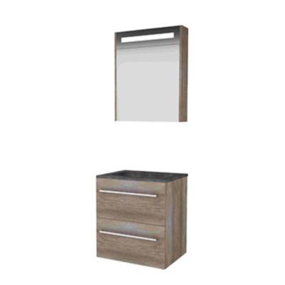Basic-Line Comfort 46 Badkamermeubelset - 60 x 46 cm - Met Grepen - 2 Lades - Hardstenen Wastafel - 1 Kraangat - Spiegelkast - Scotch Oak