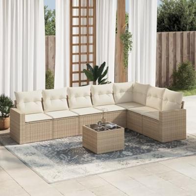 8-delige Loungeset met kussens poly rattan beige