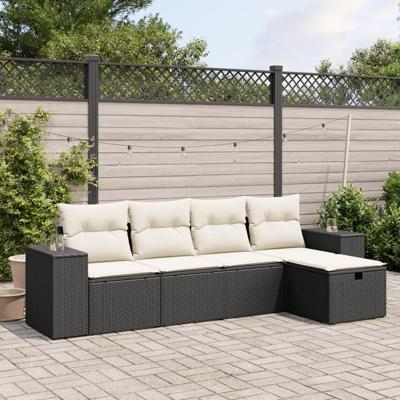 5-delige Loungeset met kussens poly rattan zwart