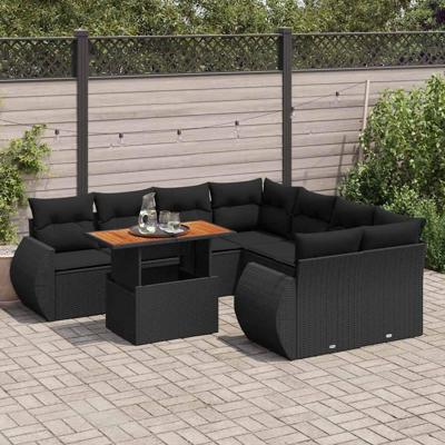 9-delige Loungeset met kussens poly rattan zwart