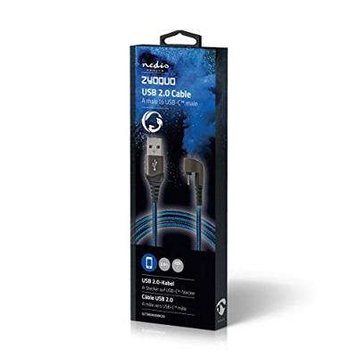 USB-Kabel | USB 2.0 | USB-A Male | USB-C Male | 480 Mbps | Verguld | 2.00 m | Rond | Gevlochten / Nylon | Blauw / Zwart | Cover Window Box