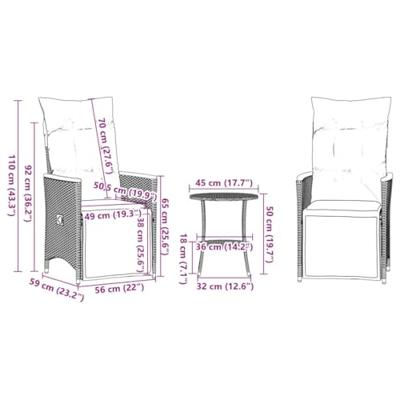 3-delige Bistroset met kussens poly rattan zwart