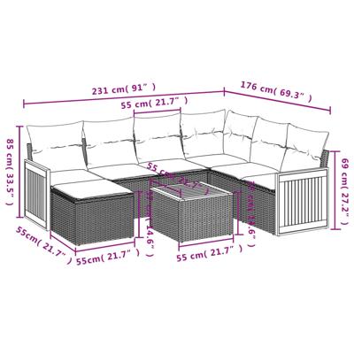 7-delige Loungeset met kussens poly rattan zwart - thumbnail