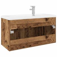 Wastafelkast met ingebouwde wasbak bewerkt hout oud hout - thumbnail