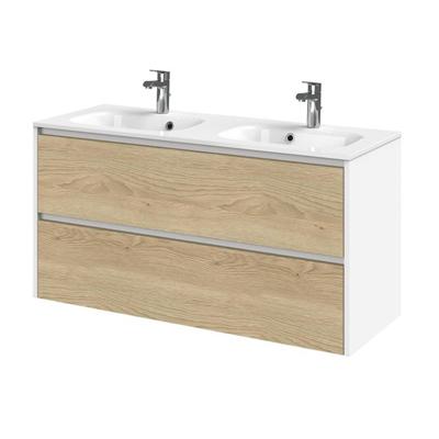 Tiger Reverse Meubelset 120 cm met 2 lades Naturel eik - Mat wit incl Oval wastafel dubbel Hoogglans wit - 800321