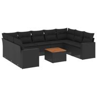10-delige Loungeset met kussens poly rattan zwart - thumbnail
