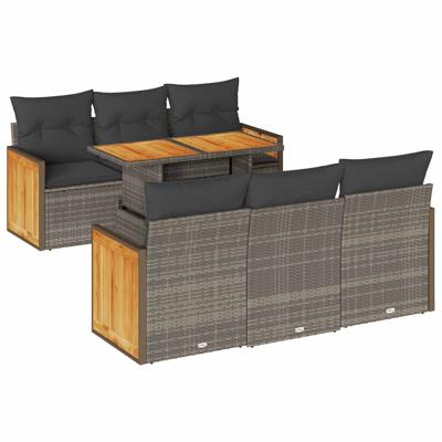 7-delige Loungeset met kussens poly rattan acacia grijs