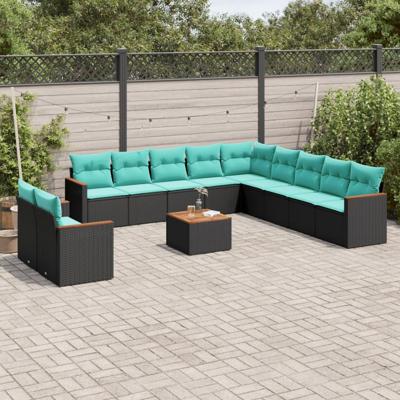 12-delige tuinbankset met kussens van zwart polyrotan