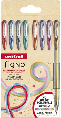 Uni-ball roller Signo Metallic, medium punt, geassorteerde kleuren, etui van 8 stuks