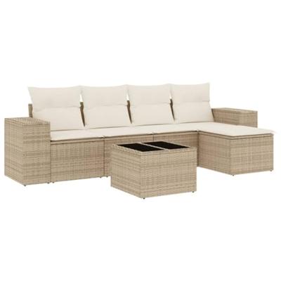6-delige Loungeset met kussens poly rattan beige