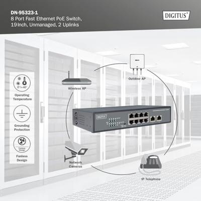 DIGITUS Fast Ethernet PoE+ netwerkswitch - 19 inch - 8 poorten + 2x uplink RJ45 - IEEE802.3af/at - 120W voeding - zwart