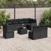 9-delige Loungeset met kussens poly rattan zwart - thumbnail