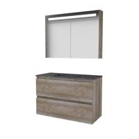 Basic-Line Premium 46 Badkamermeubelset - 100 x 46 cm - Greeploos - 2 Lades - Hardstenen Wastafel - 1 Kraangat - Spiegelkast met LED Verlichting - Scotch Oak - thumbnail