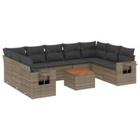 10-delige Loungeset met kussens poly rattan grijs - thumbnail