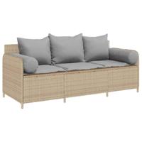 Tuinbank 3-zits met kussens poly rattan beige - thumbnail