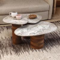 Dutchbone Organische Bijzettafel 'Suki' Marmer en mangohout, Set van 3 stuks - thumbnail